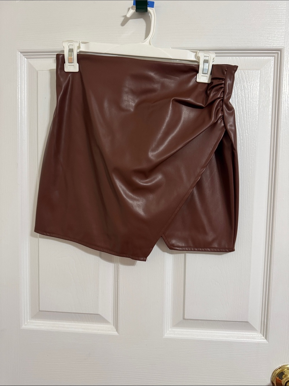 Faux Leather Brown Mini Skirt with Wrap Detail